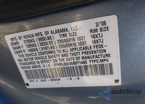 2006 Honda Odyssey Ex-L from USA, damaged, VIN 5FNRL38696B071443